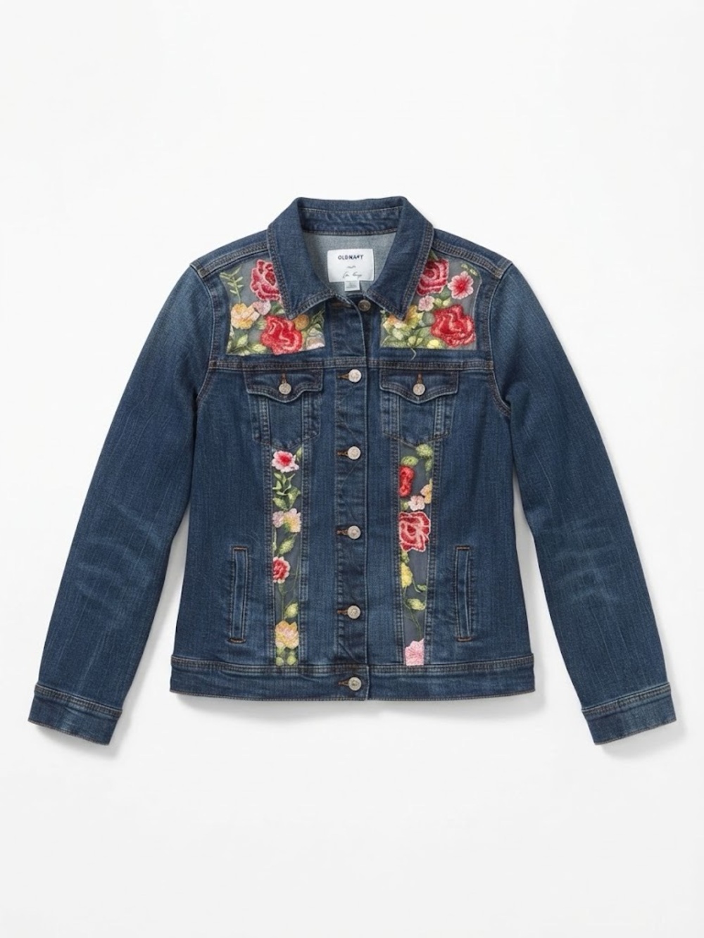 ✨ UPCYCLED Embroidered Floral Sheer Back Denim Jacket - Mesh Panels - Picture 5 of 10